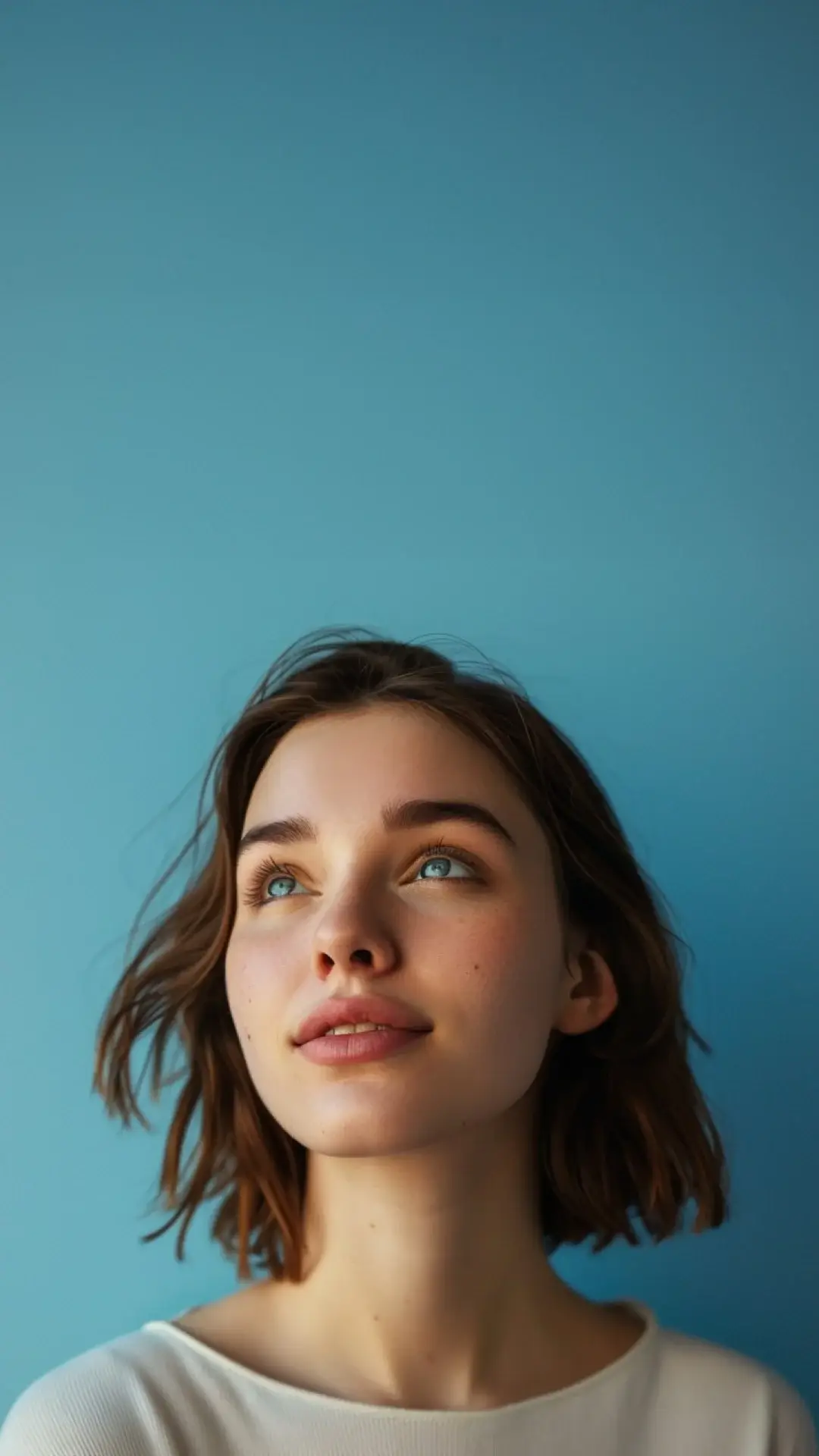 mujer peliroja con fondo azul